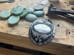 Turquoise Stone Belt Buckle Engraved Brass Western Cowboy Rodeo Style