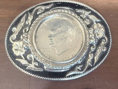 Vintage 1976 Bicentennial Eisenhower Ike Silver Dollar Coin Western Belt Buckle