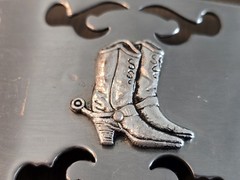 Vintage Silver Tone Cowboy Boots Spurs Belt Buckle With Cutout Pattern & Stars
