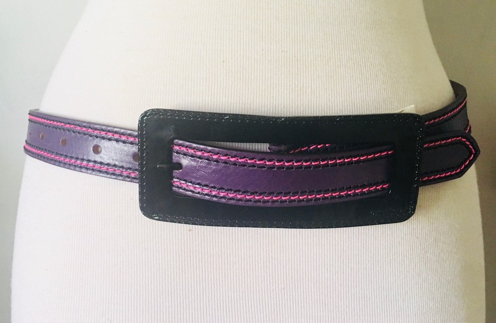 DIESEL: NEW Purple Leather Belt w Pink Stitching & Black Patent Buckle Size 80cm