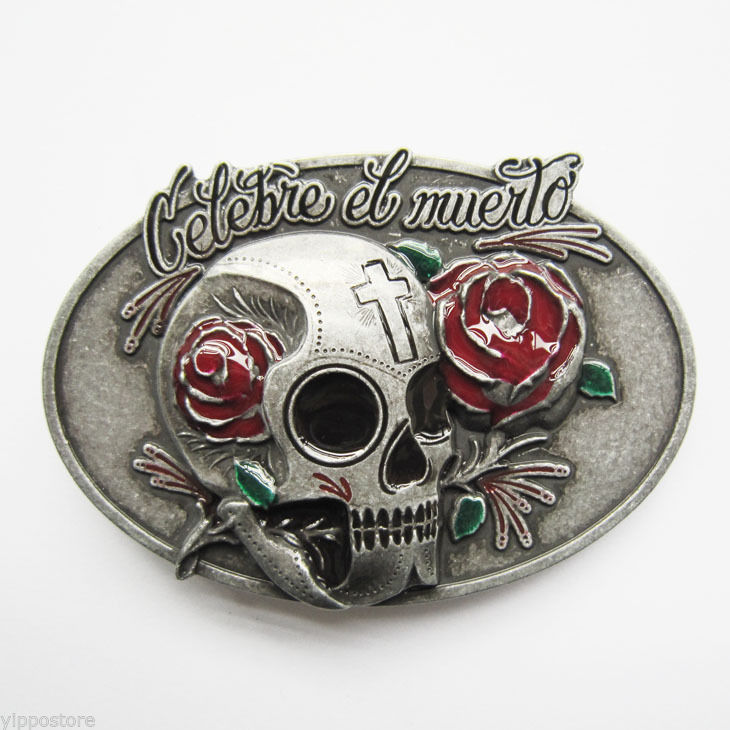 Oval Distressed Tattoo Skull Celebre El Nuerto Metal Belt Buckle