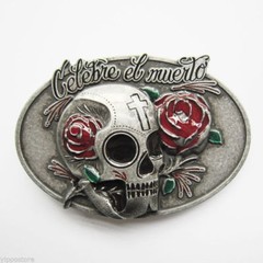 Oval Distressed Tattoo Skull Celebre El Nuerto Metal Belt Buckle