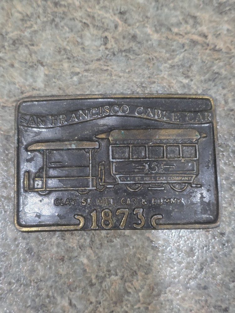 Vintage Brass Belt Buckle San Francisco Cable Car Clay St Hill Car & Dummy 1873
