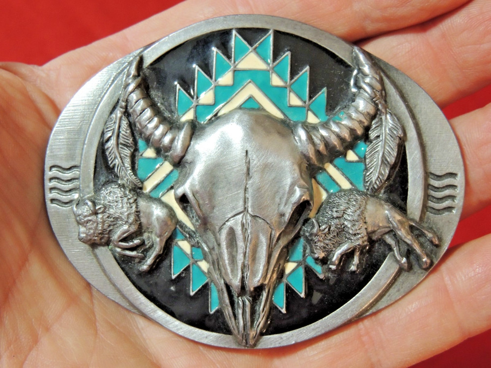 Siskiyou 1992 Enamel Buffalo Skull Belt Buckle Pewter Turquoise Color USA Made