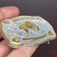 JUSTIN Silver Mexico Horse Head 2-5/8”x2-1/8” Belt Buckle SHINY GOLD SILVER Tone