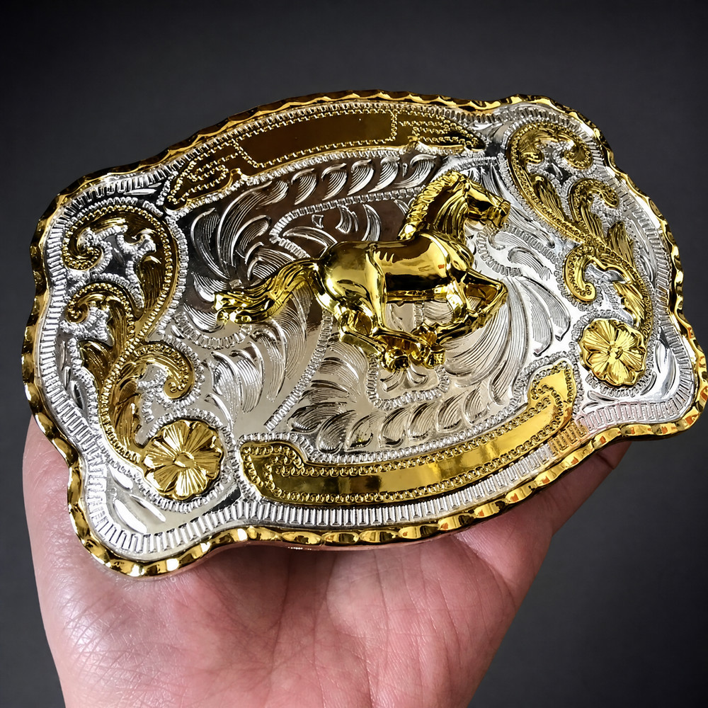 Gold Horse Belt Buckle Mens Western Cowboy Rodeo 40mm Large Silver Engraved