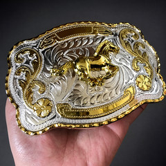 Gold Horse Belt Buckle Mens Western Cowboy Rodeo 40mm Large Silver Engraved