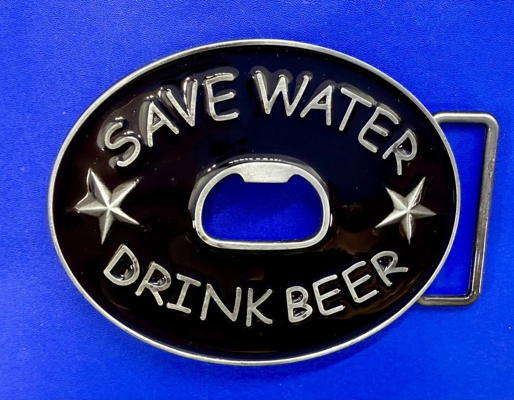 SAVE WATER DRINK BEER Novelty Black Enameled Belt Buckle with Bottle Opener