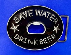SAVE WATER DRINK BEER Novelty Black Enameled Belt Buckle with Bottle Opener