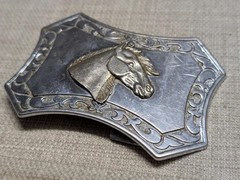 vintage HORSE HEAD belt buckle WESTERN cowboy RODEO chrome metal EQUESTRIAN
