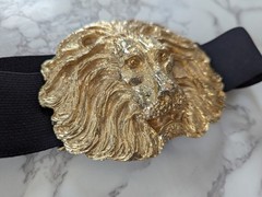 Vintage Lion Head Oversize Gold Metal Belt Buckle Elastic Fashion Belt 80&rsquo;s 90&rsquo;s