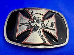 Maltese Iron Cross with Skull Cutout Black Enamel Gothic Punk Vibe Belt Buckle