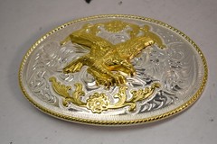 Belt Buckle Mens Silver Western Eagle Floral Scroll Oval Metal 6 Inch Cowboy