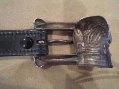 KIESELSTEIN CORD STERLING BULLDOG BUCKLE AND BLACK LEATHER BELT SIZE 2