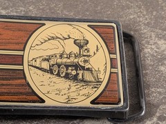 Vintage Brass 1984 – Locomotive Train Wood Grain Motif Belt Buckle
