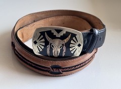 Southwestern Bull Buffalo Skull Cowboy Buckle Leather Justin Fenced Belt Sz 38