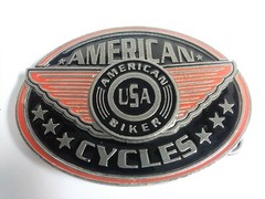 Black Orange Enamel Silvertone American Biker USA Cycles Metal Oval Belt Buckle