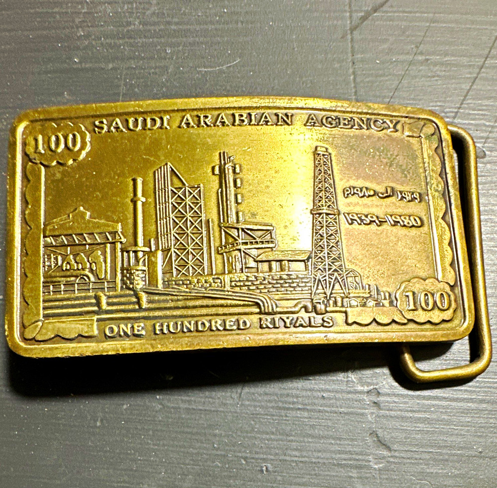 Vintage Western Solid Brass Engraved Gold 100 Riyals Saudi Arabian Belt Buckle