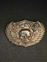 Vintage Silver Skull Belt Buckle With Wings And Roses Biker Gothic