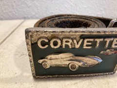 Vintage Corvette Leather Belt w/ Metal Car Belt Buckle Black Chevy Chevrolet
