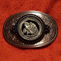 Men&rsquo;s Western Oval Metal Belt Buckle Silver/Black Eagle Engraved Floral 1.5in