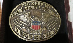 CODY JAMES MEN&rsquo;S Guns Money Freedom You Keep the Change Belt Buckle New Boxed 4&Prime;
