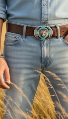 NEW Men Western Belt Buckle Silver Metal Bear Hunter Country Feather Black Blue