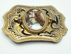 Vintage Two Horse Head Cameo Belt Buckle Equestrian Racing