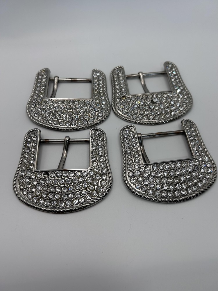 Shiny Rhinestone Western Belt Buckles Silver Metal 1.5 In Lot Of 4