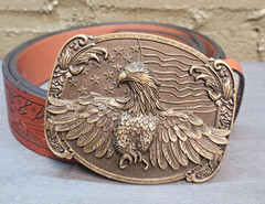 American Bald Eagle Belt Buckle With Tooled Leather Belt 42&Prime; Length 1.5&Prime; Width
