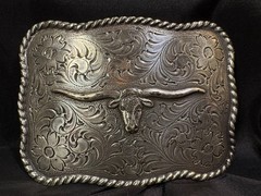 Nocona Longhorn Silver Tone Belt Buckle Etched, Roped Edge- REDUCED!