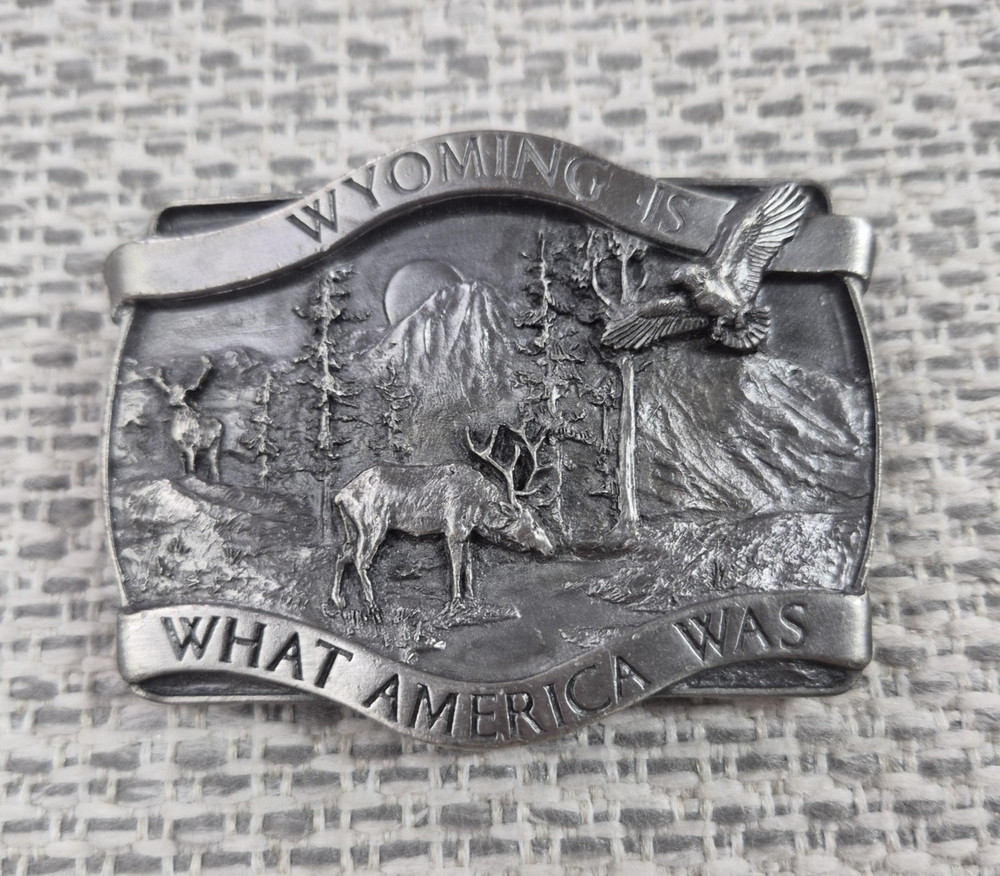 Vintage Bergamot Brass Works Wyoming Belt Buckle Mens Silver 1981 Deer Scene