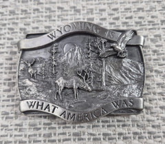 Vintage Bergamot Brass Works Wyoming Belt Buckle Mens Silver 1981 Deer Scene