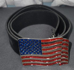 American Flag Belt Buckle Mens Black Leather Strap Patriotic USA Red White Blue
