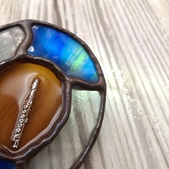 Vtg Stained Glass Flute Belt Buckle Handmade Copper Tone Blue Art Glass Artisan