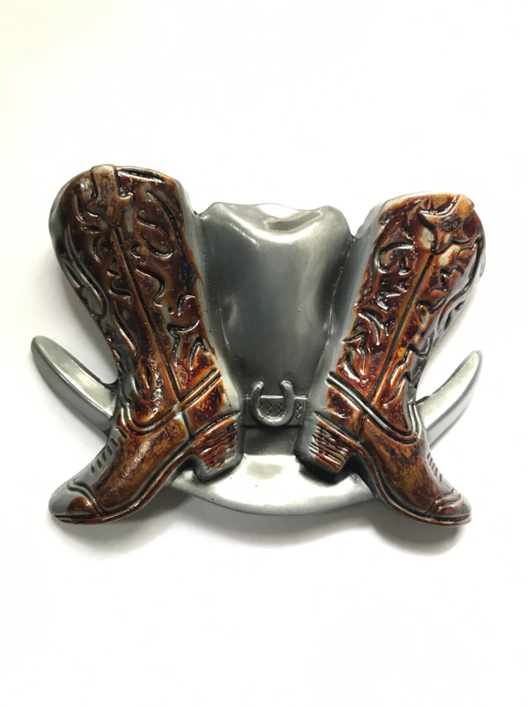 Western Cowboy Boots and Hat Solid Design Belt Buckle with Mini Horseshoe Design