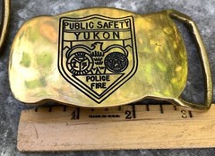 Vintage YUKON Public Safety Solid Brass Belt Buckle Police Fire Badge 2×3”