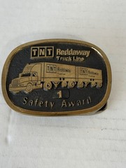 Vintage Belt Buckle Brass, TNT, Reddaway Truck Line, Trucking, Semi Safety Award