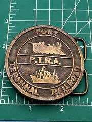 P.T.R.A. Port Terminal Railroad Logo Metal Belt Buckle Vintage Jimm Watson 1977