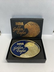 NRA Golden Eagles Belt Buckle in Original box VTG NIB USA 4&Prime;x3-1/2&Prime; Blue & Gold