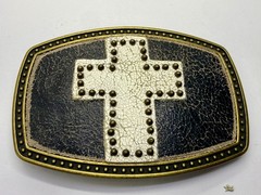 Metallic Theme Religious Cross Studded Design on White Faux Leather Belt Buckle