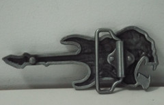 Jean&rsquo;s Friend « Flaming Fanged Guitar Skull » Silvertone Metal 4&Prime;x2&Prime; Belt Buckle