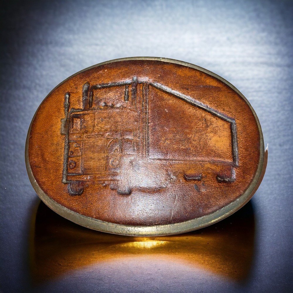 Vintage Leather Embossed 18 Wheeler Truck Brass Belt Buckle Made in USA