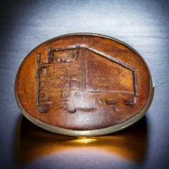 Vintage Leather Embossed 18 Wheeler Truck Brass Belt Buckle Made in USA