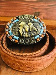 Men -women Belt Buckle Indian Chief horse eagle wings 1.5&Prime; inlaid stone