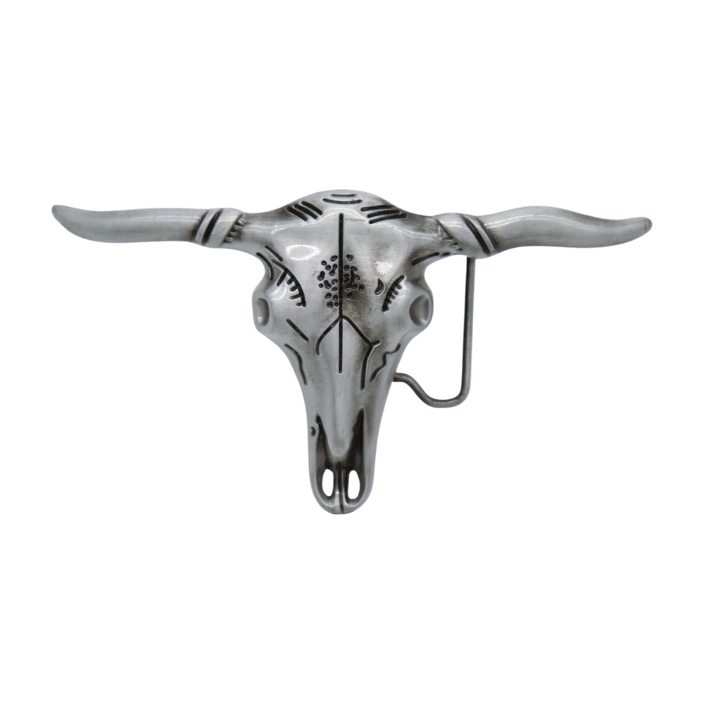 Men Western Dark Antique Silver Metal Belt Buckle Long Horn Texas Cow Bull Skull