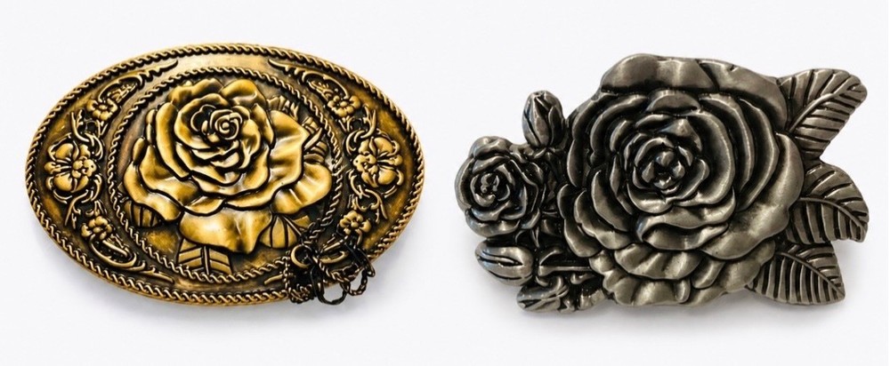 Lot of 2 Rose Floral Belt Buckles Gold Silver Tone Western Cowgirl Rodeo