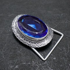 Blue Sapphire Belt Buckle Silver Plated Filigree Western Boho Statement Men