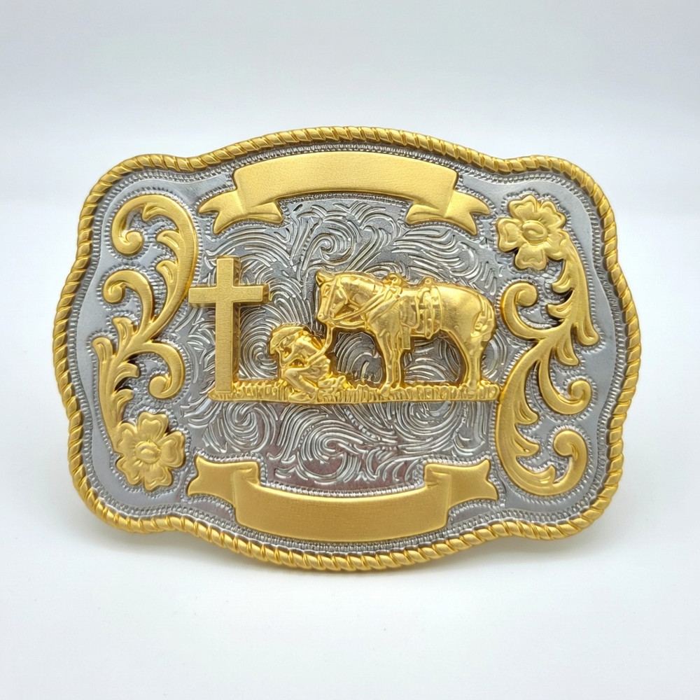 Praying Cowboy Western Belt Buckle – Gold & Silver Tones Hebilla Vaquera