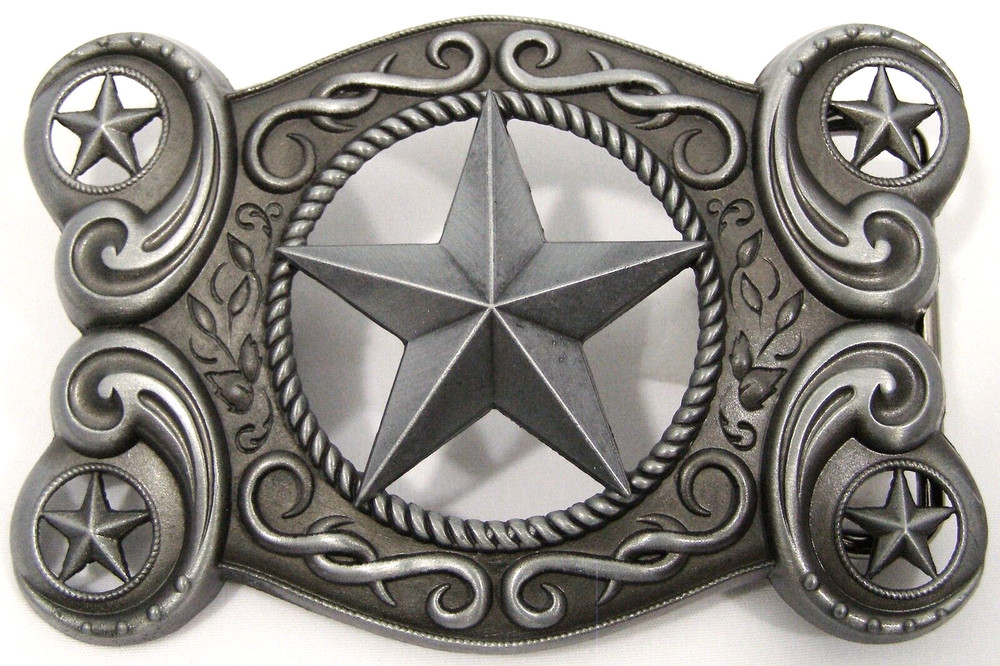 BELT BUCKLES Western Scroll Stars Rope Antiqued Silver Gray Rectangle Rodeo NWOT